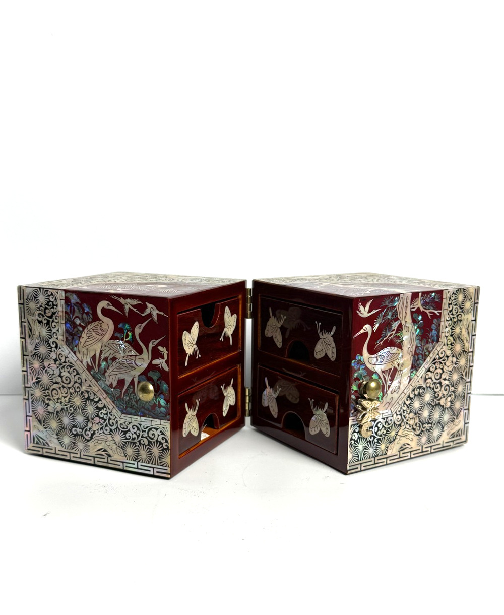 Vintage Korean Najeonchilgi Mother of Pearl Jewelry Box Crane 4 Drawer